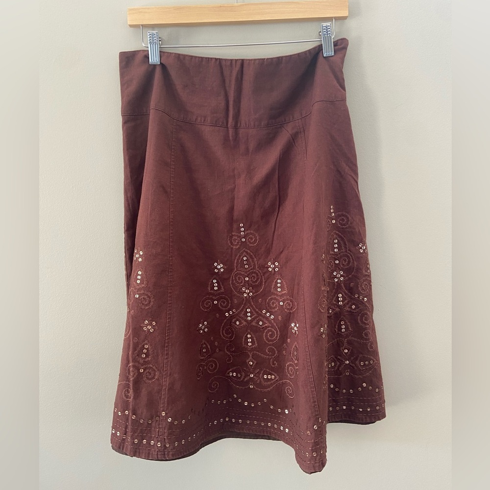 BOUTIQUE Embroidered Sequin A-Line Linen/Cotton Western Summer Casual Midi Skirt - Picture 2 of 5